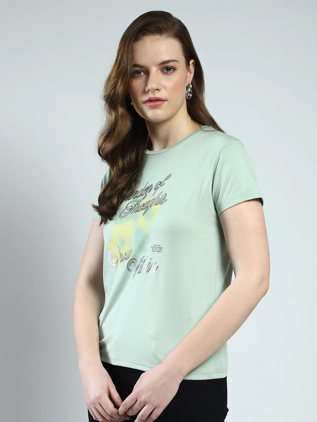 Women Green Printed Round Neck Half Sleeve Top - Image 3