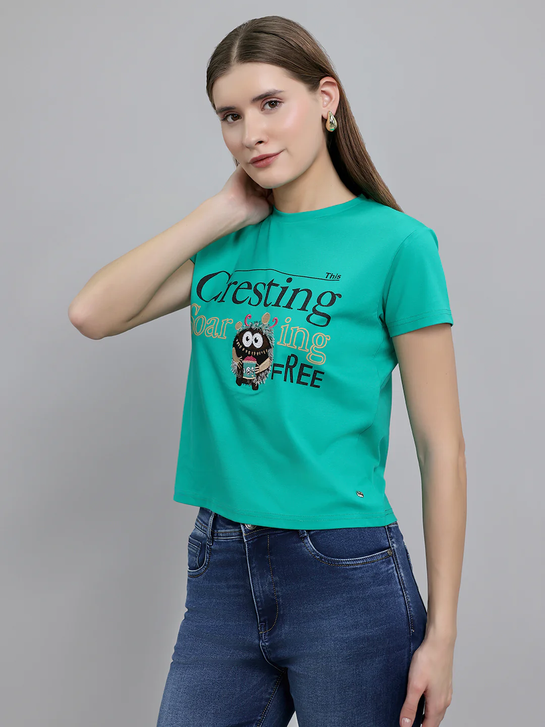 Women Green Printed Round Neck Half Sleeve Top - Image 2