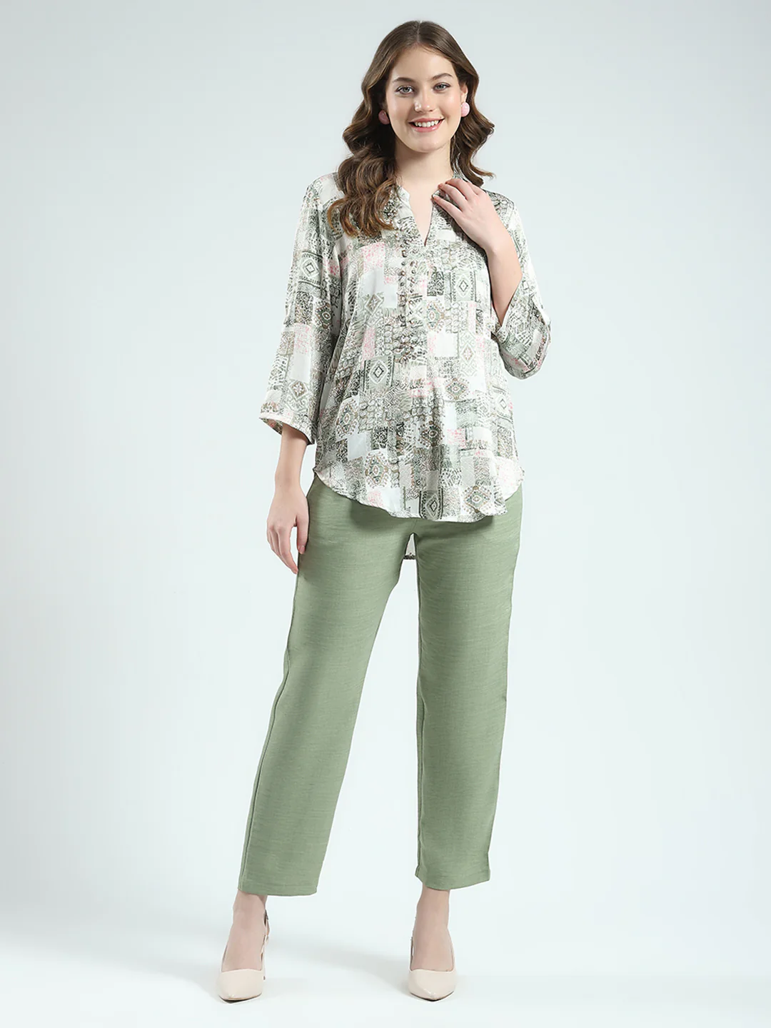 Women Green Printed Round Neck 3/4th Sleeve Cords Set