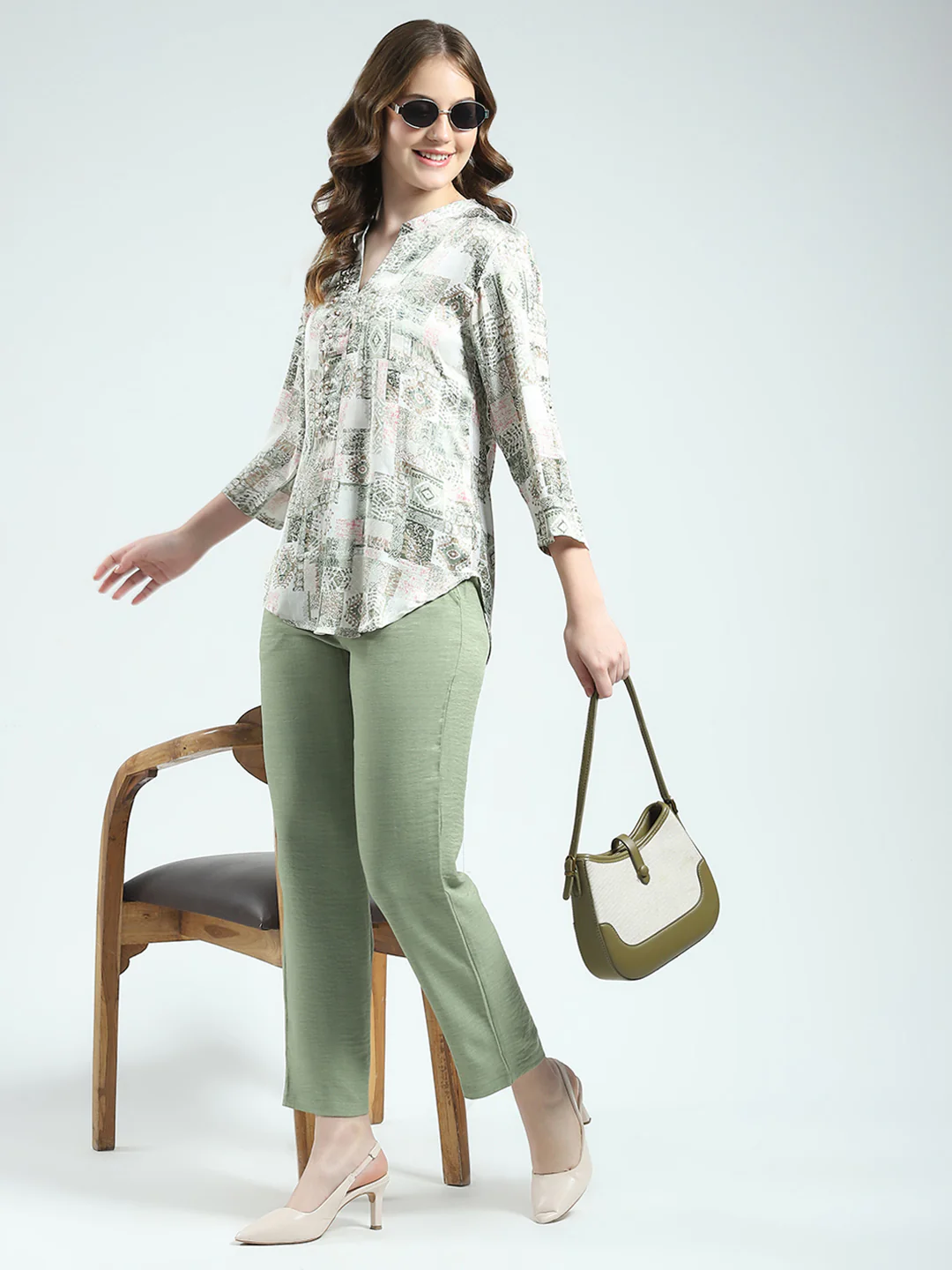 Women Green Printed Round Neck 3/4th Sleeve Cords Set - Image 2