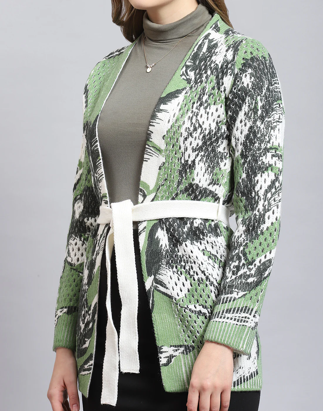 Women Green Printed V Neck Full Sleeve Cardigan - Image 7