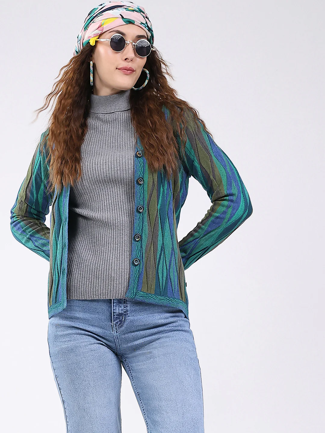 Women Green Printed V Neck Full Sleeve Cardigan - Image 6