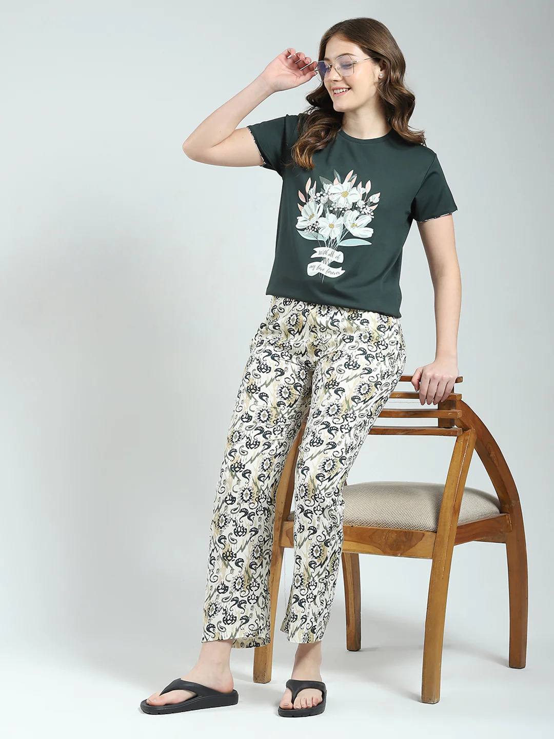 Women Green Printed Round Neck Half Sleeve Lower Set - Image 2