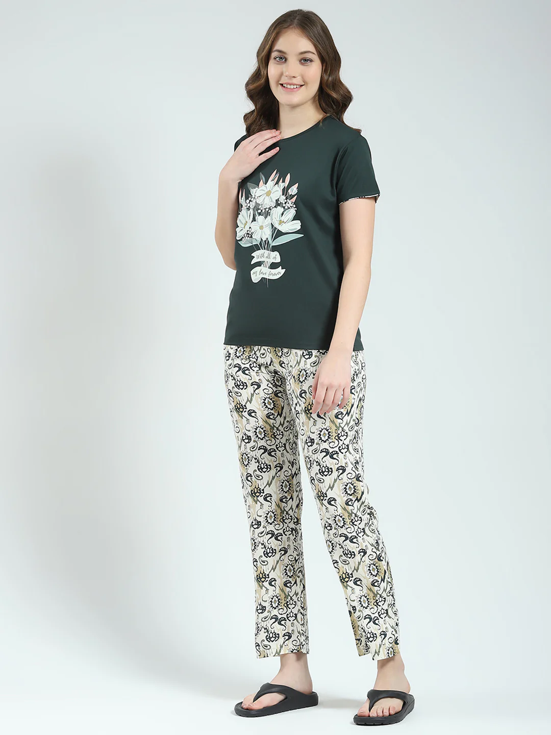 Women Green Printed Round Neck Half Sleeve Lower Set - Image 3