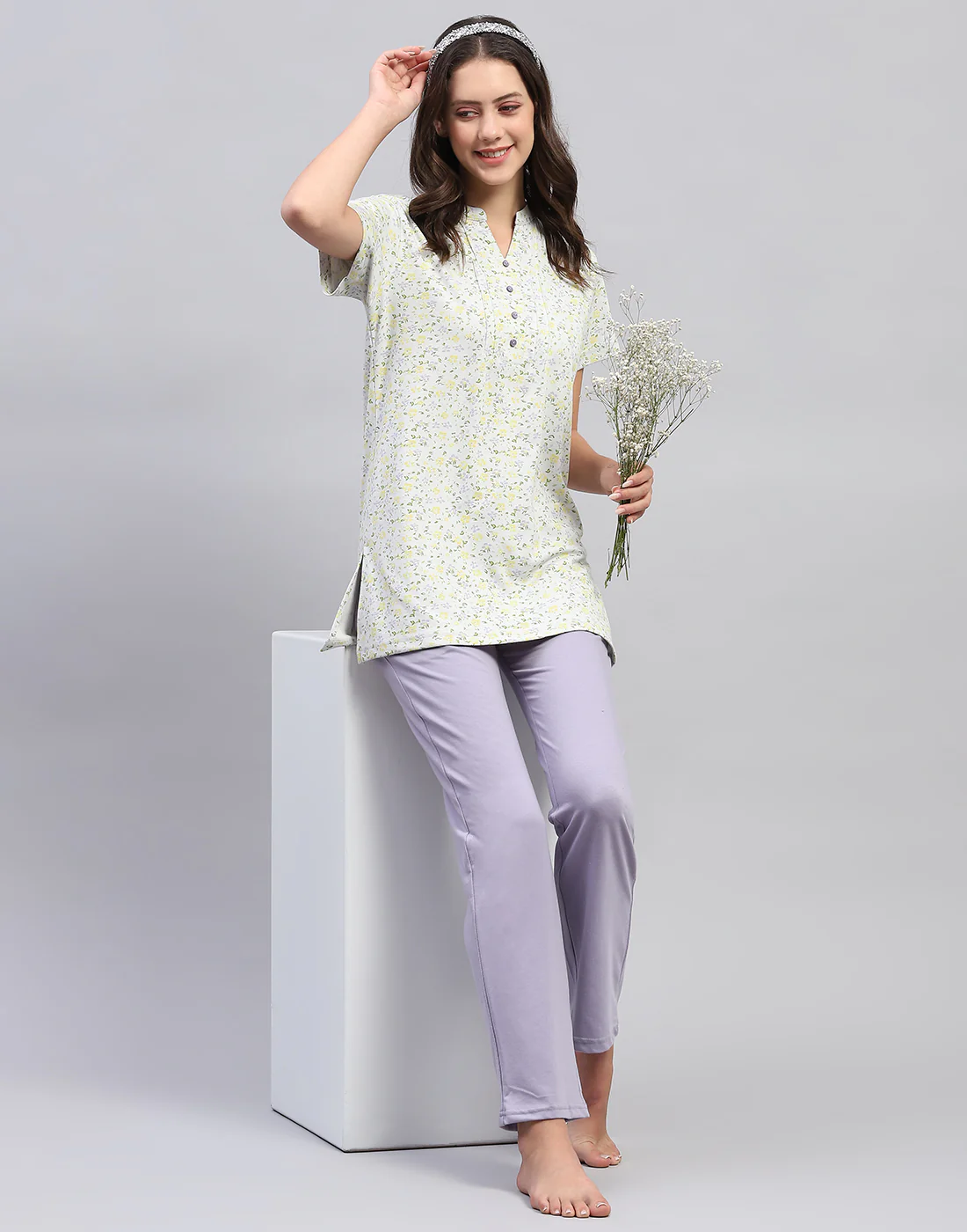 Women Green & Purple Printed Fashion Neck Half Sleeve Lower Set - Image 2