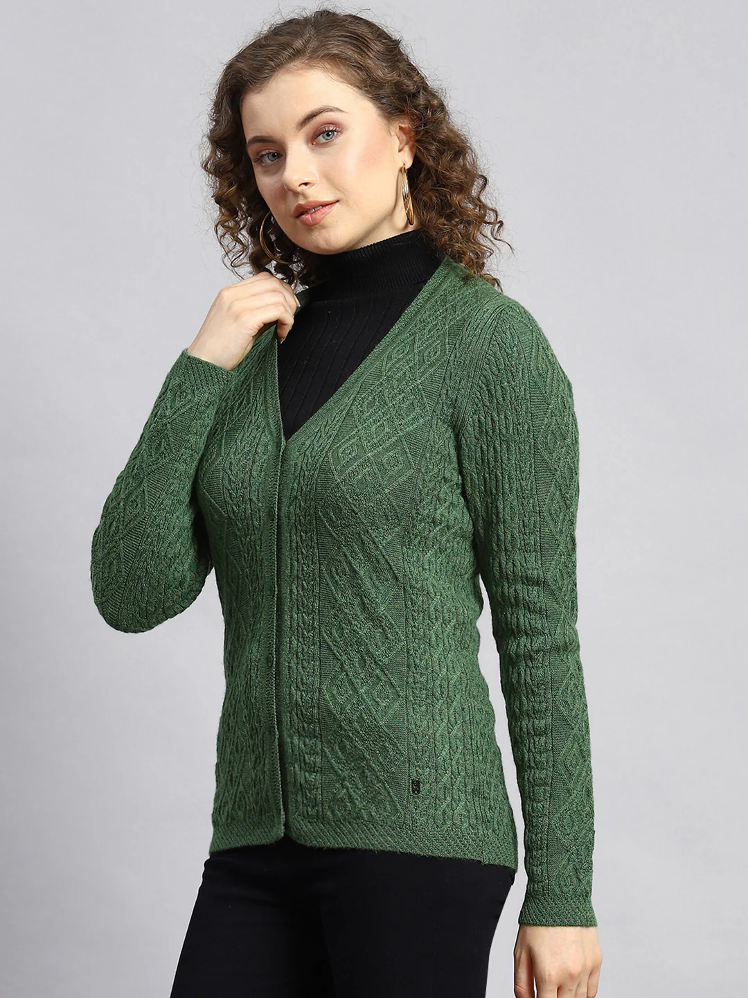 Women Green Self Cardigan - Image 4