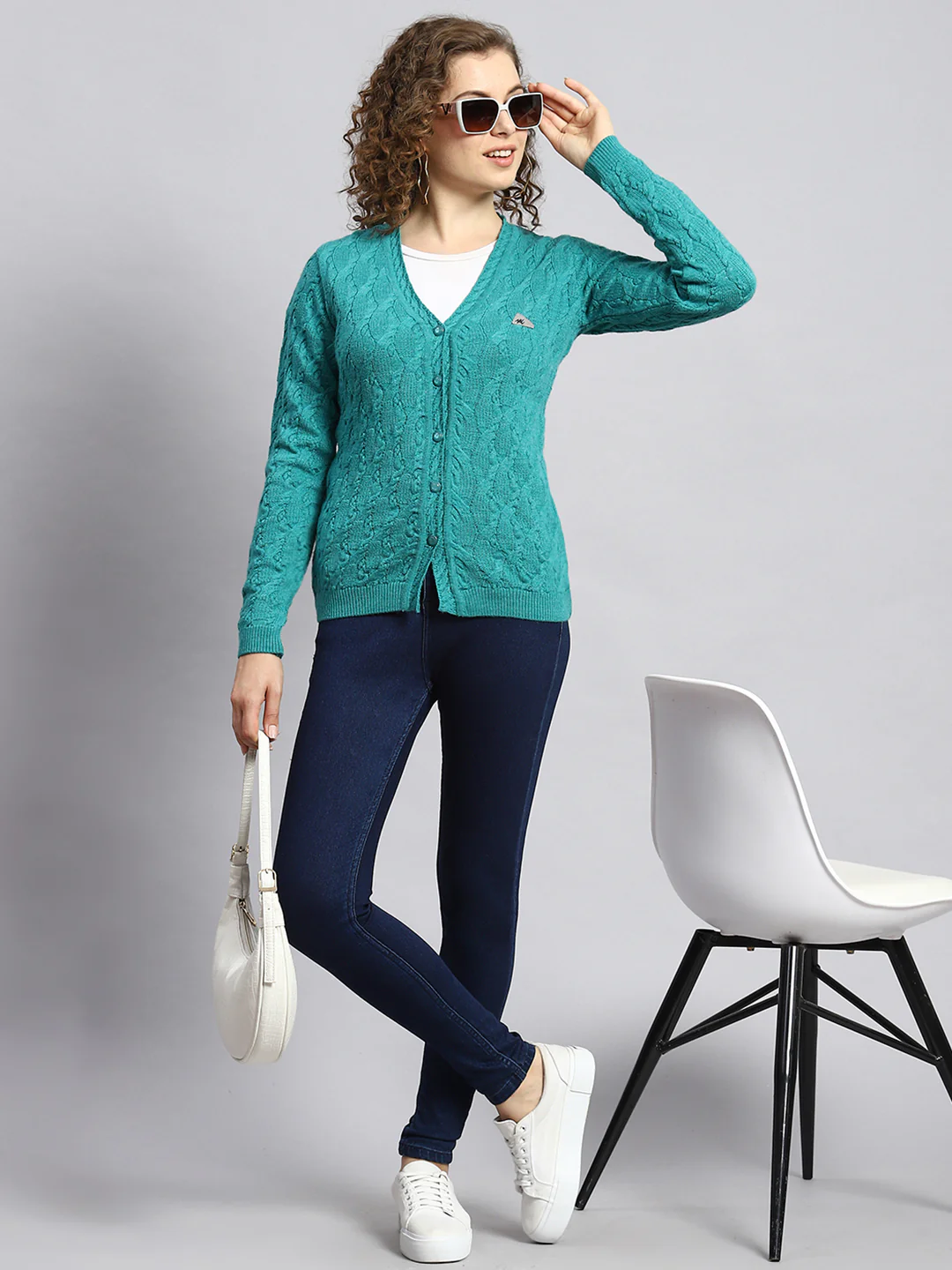 Women Green Self Cardigan