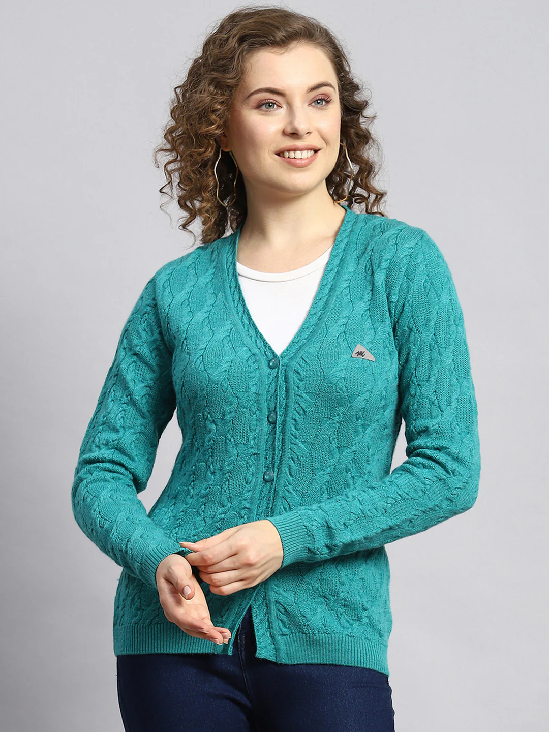 Women Green Self Cardigan - Image 2