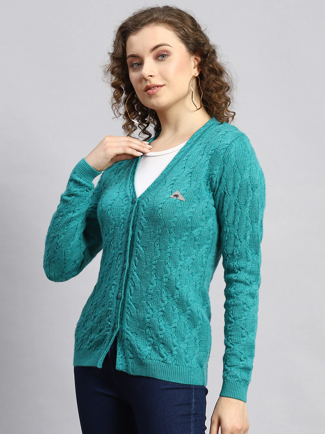 Women Green Self Cardigan - Image 4