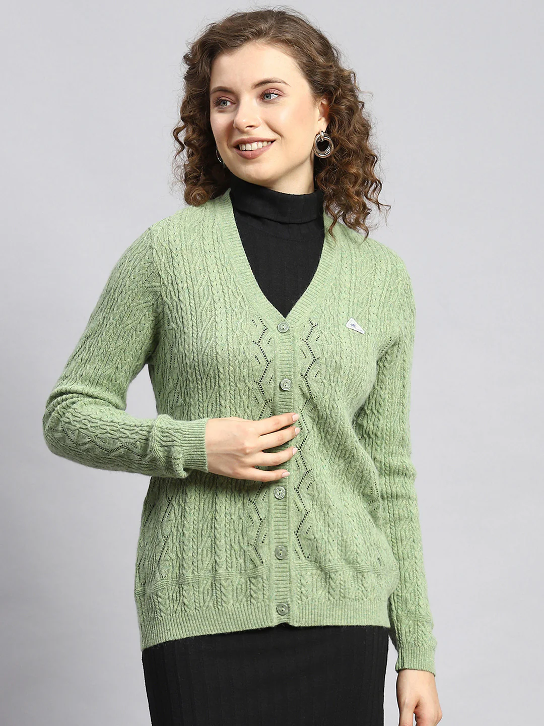 Women Green Self Cardigan - Image 2