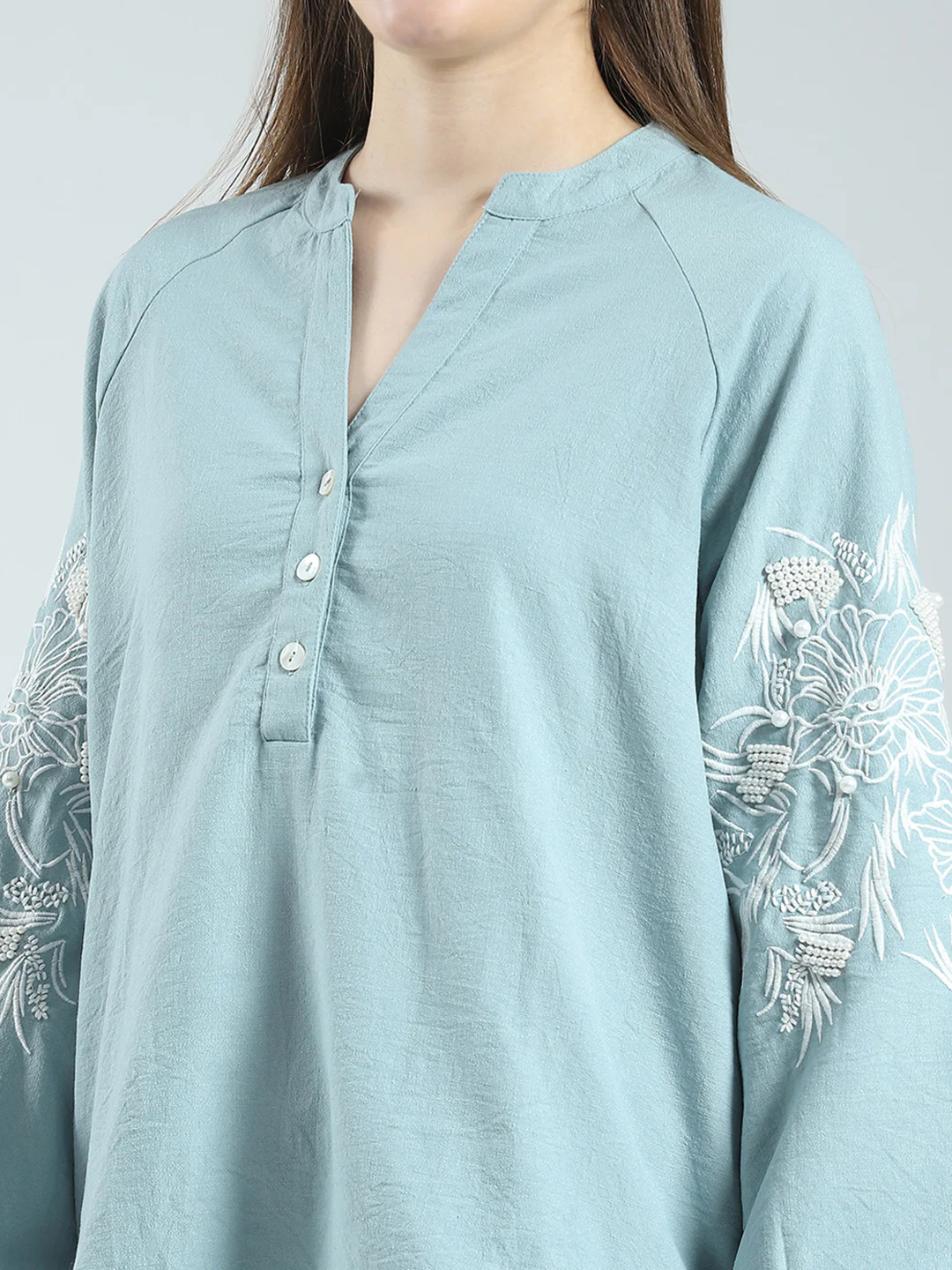 Women Green Self Design Band Neck Full Sleeve Cords Set - Image 8