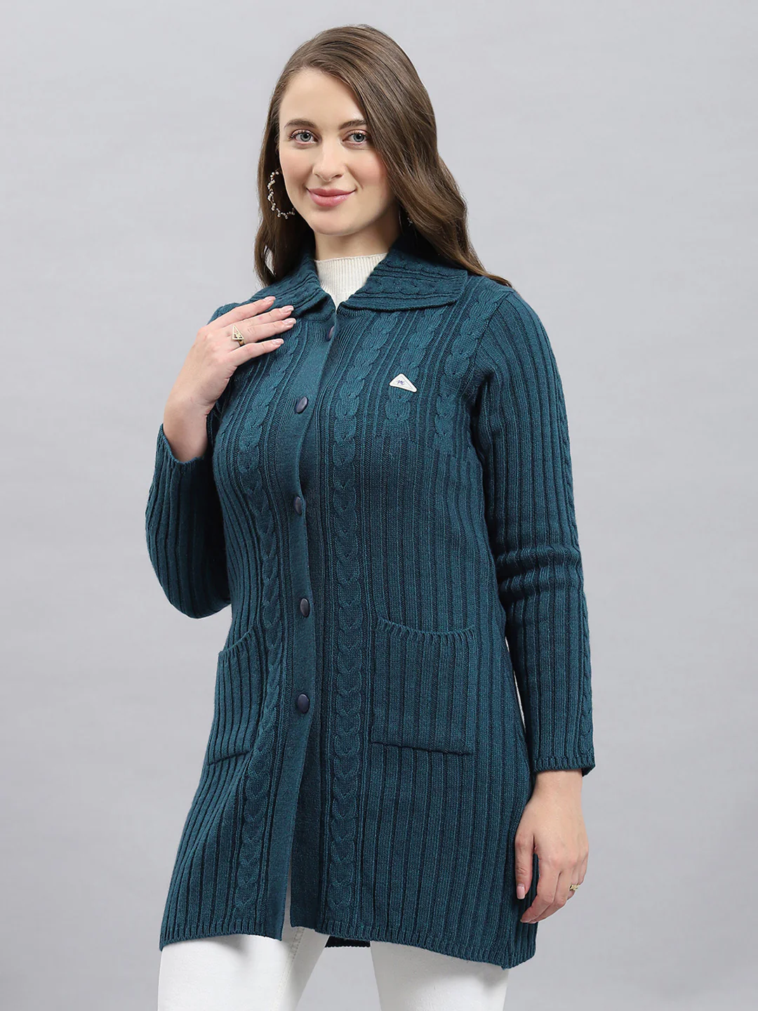 Women Green Self Design Collar Full Sleeve Cardigan - Image 3