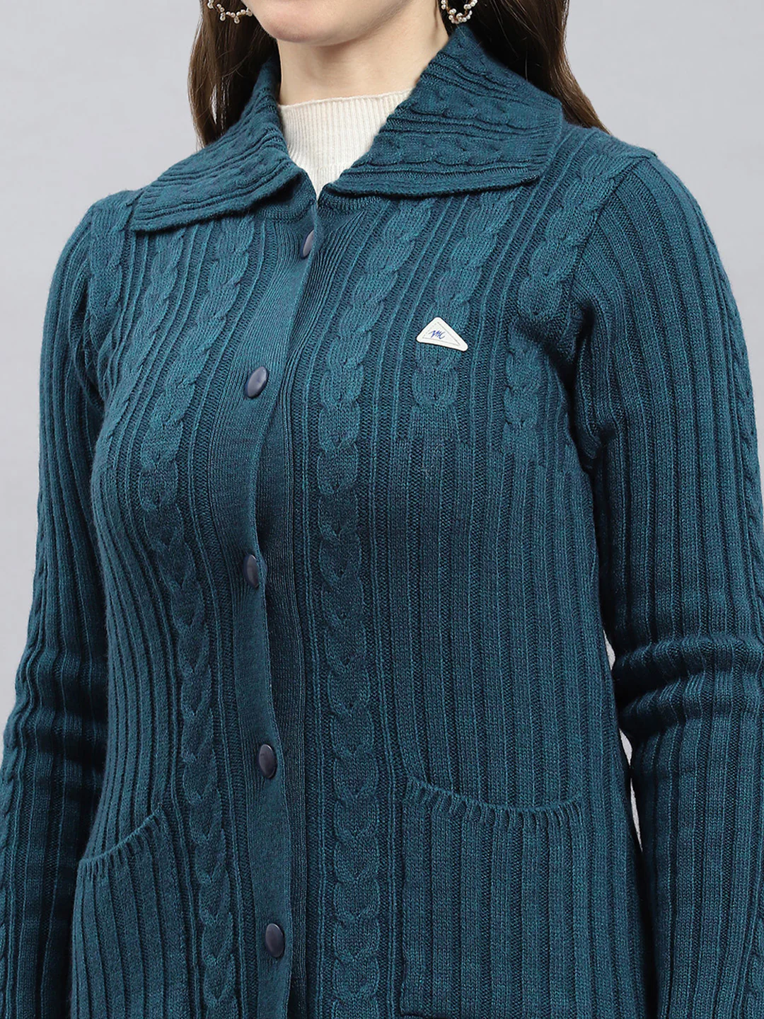 Women Green Self Design Collar Full Sleeve Cardigan - Image 7