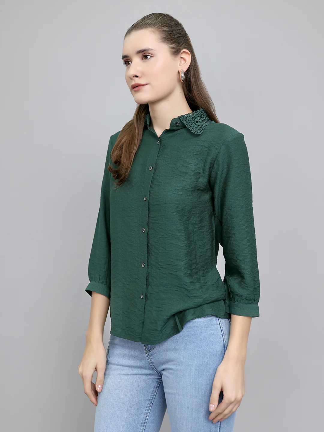 Women Green Self Design Collar Full Sleeve Top - Image 2