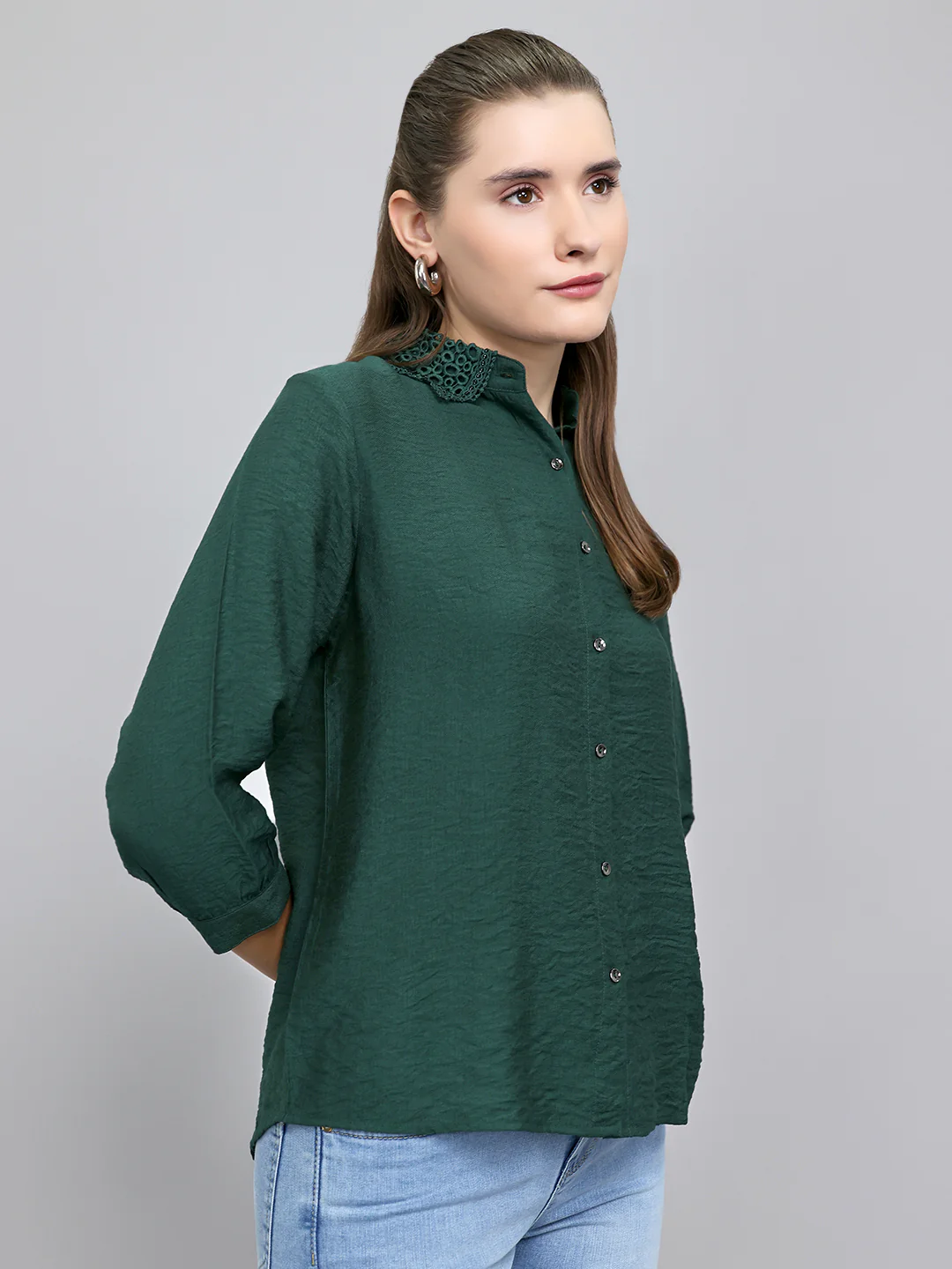 Women Green Self Design Collar Full Sleeve Top - Image 3