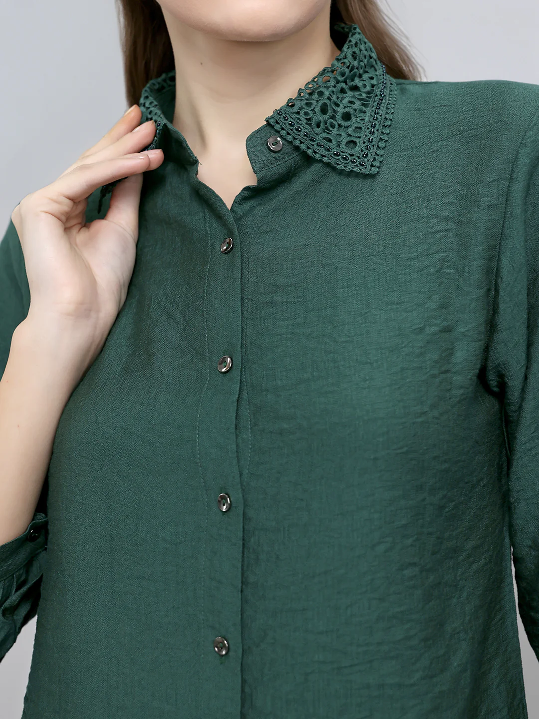 Women Green Self Design Collar Full Sleeve Top - Image 5