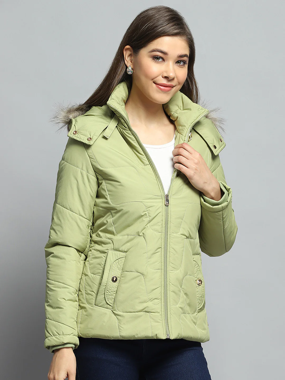 Women Green Self Design Detachable Hood Full Sleeve Jacket - Image 4