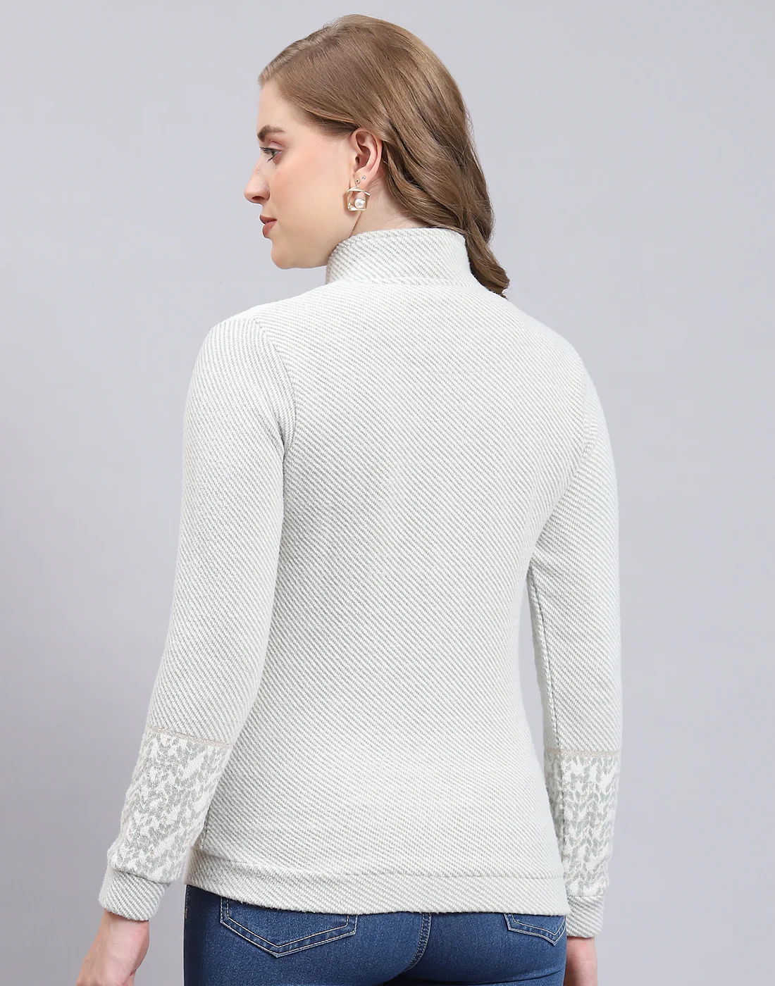 Women Green Self Design F Neck Full Sleeve Sweatshirt - Image 5