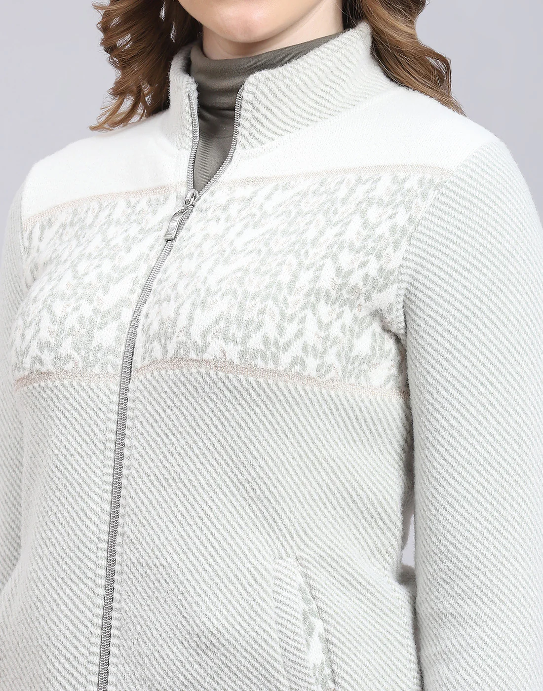 Women Green Self Design F Neck Full Sleeve Sweatshirt - Image 6
