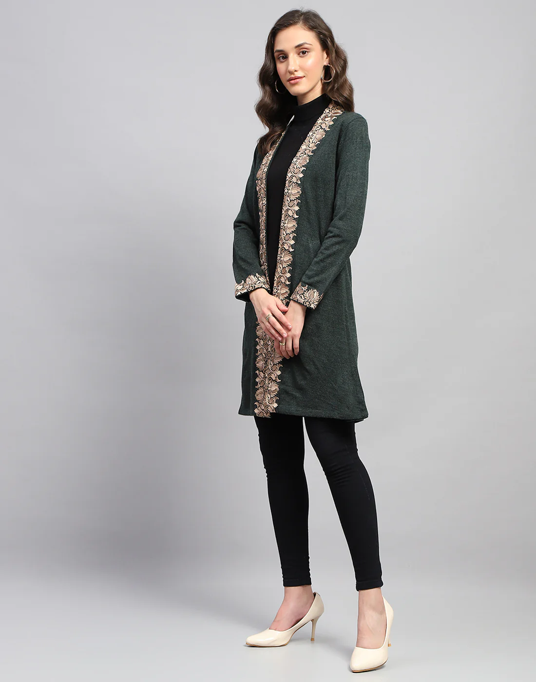 Women Green Self Design Front Open Full Sleeve Cardigan - Image 3
