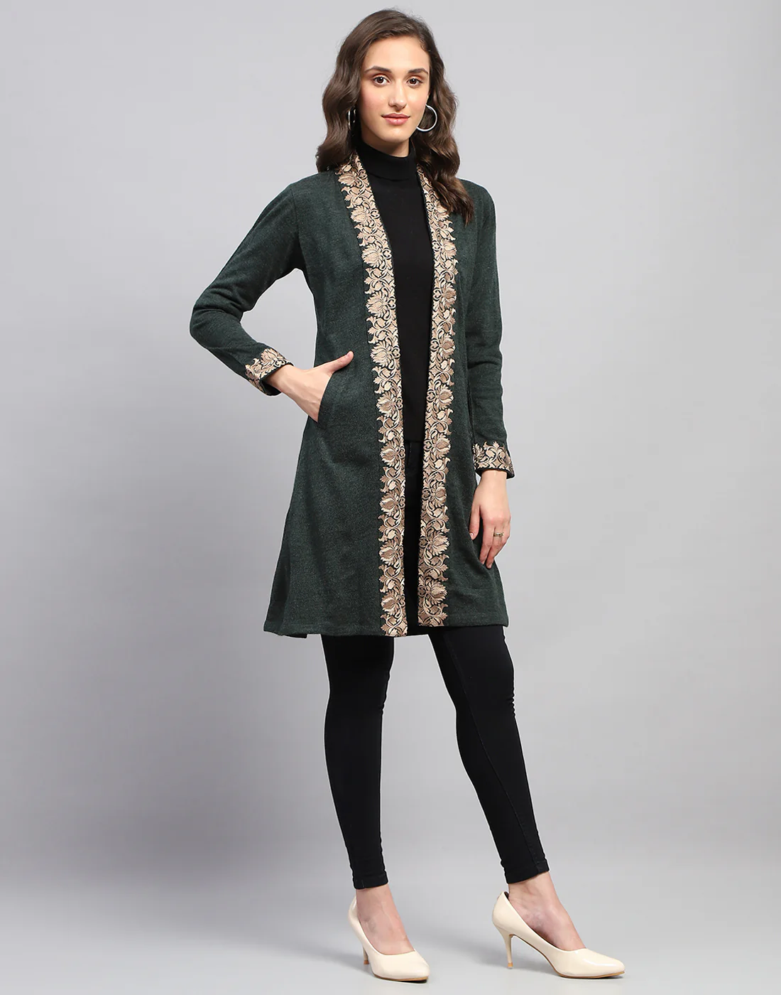 Women Green Self Design Front Open Full Sleeve Cardigan - Image 4