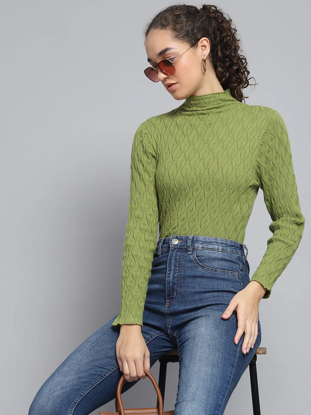 Women Green Self Design High Neck Full Sleeve Sceavy - Image 6