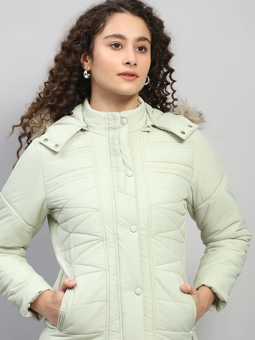 Women Green Self Design Hooded Full Sleeve Jacket - Image 6