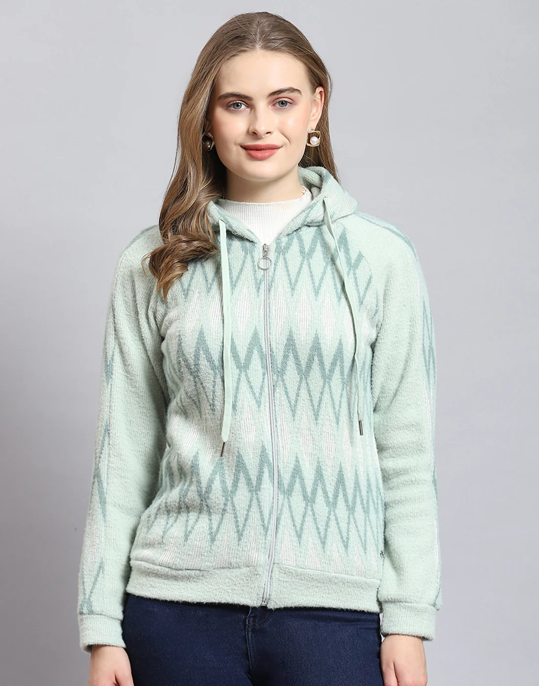 Women Green Self Design Hooded Full Sleeve Sweatshirt - Image 3