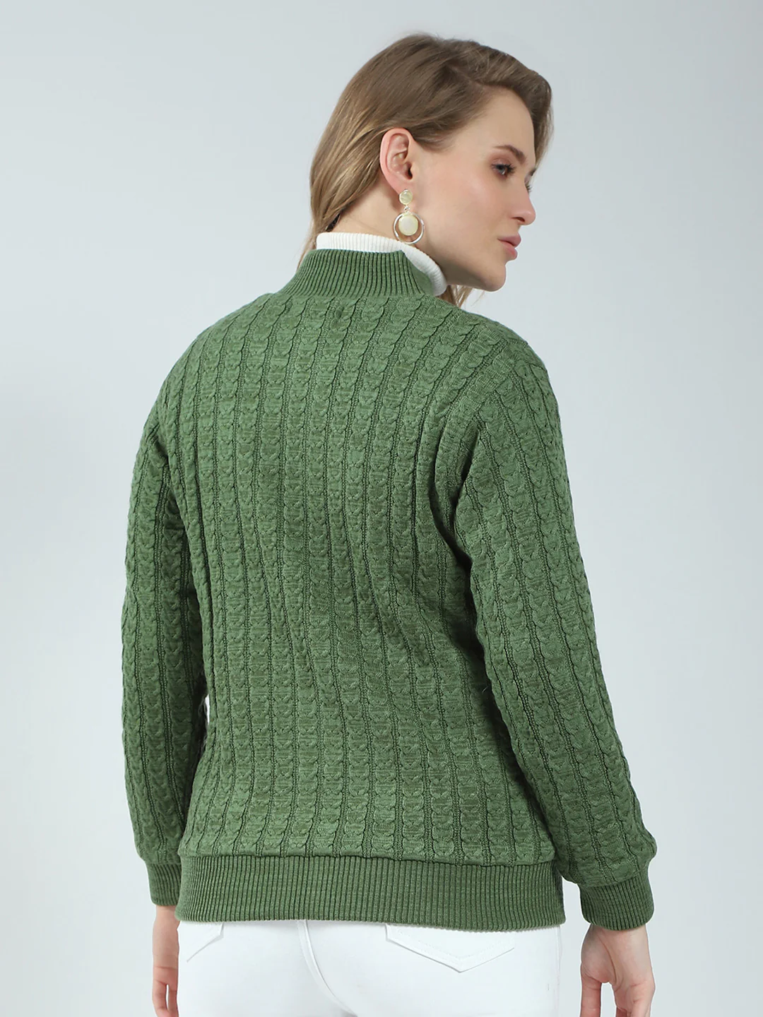 Women Green Self Design Mock Neck Full Sleeve Jacket - Image 5