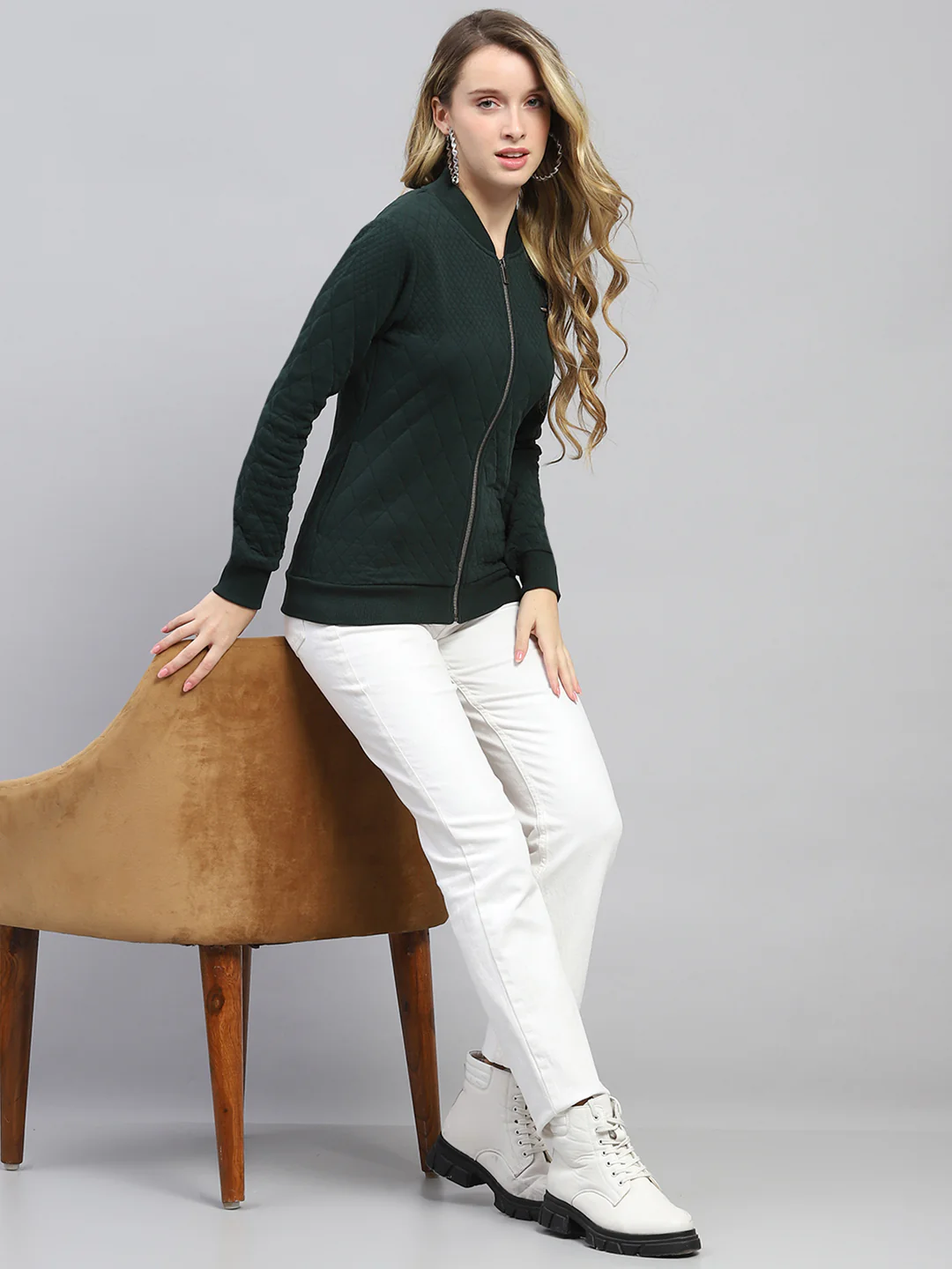 Women Green Self Design Mock Neck Full Sleeve Sweatshirt - Image 2