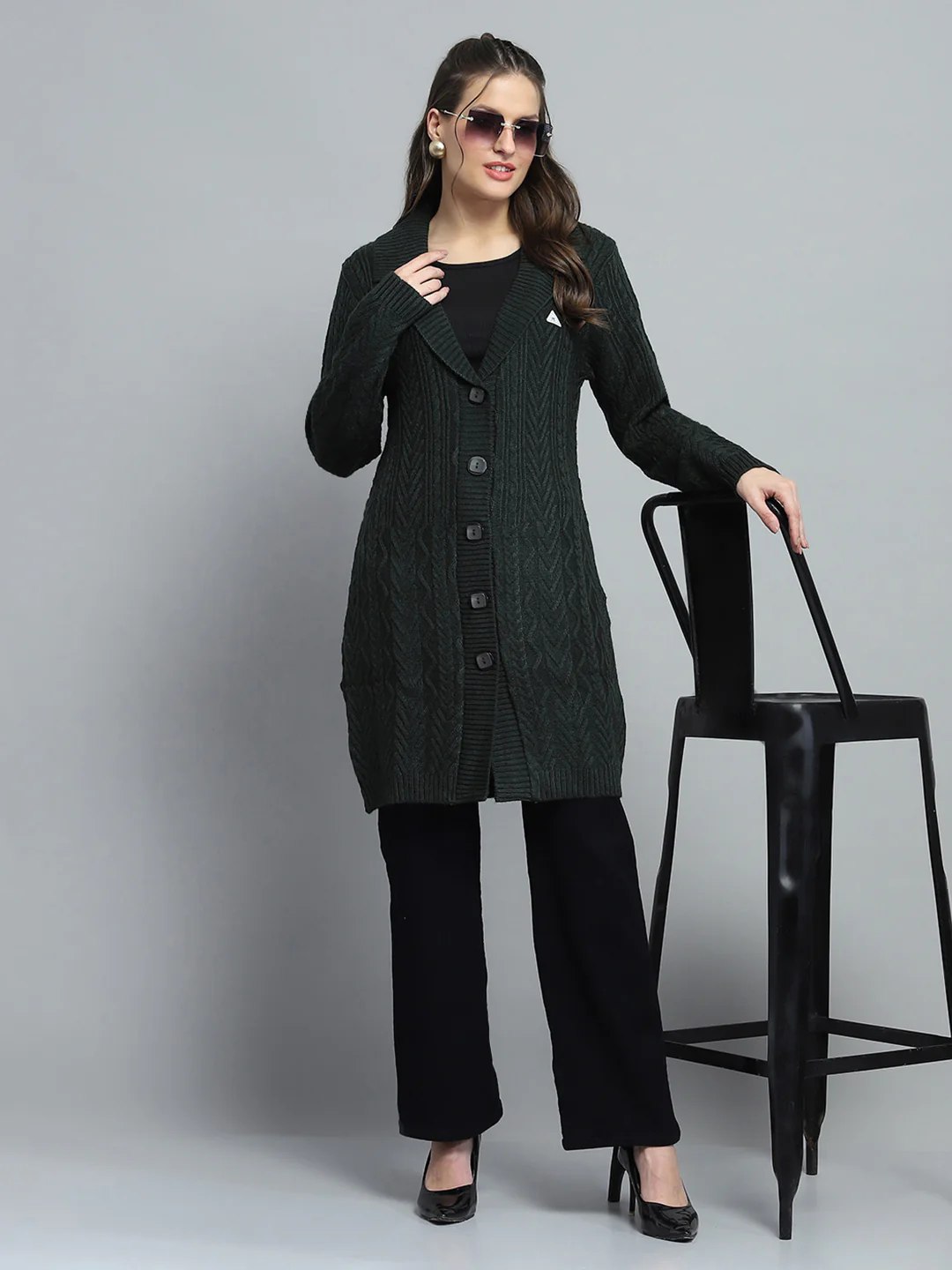 Women Green Self Design Notch Lapel Collar Full Sleeve Cardigan - Image 2
