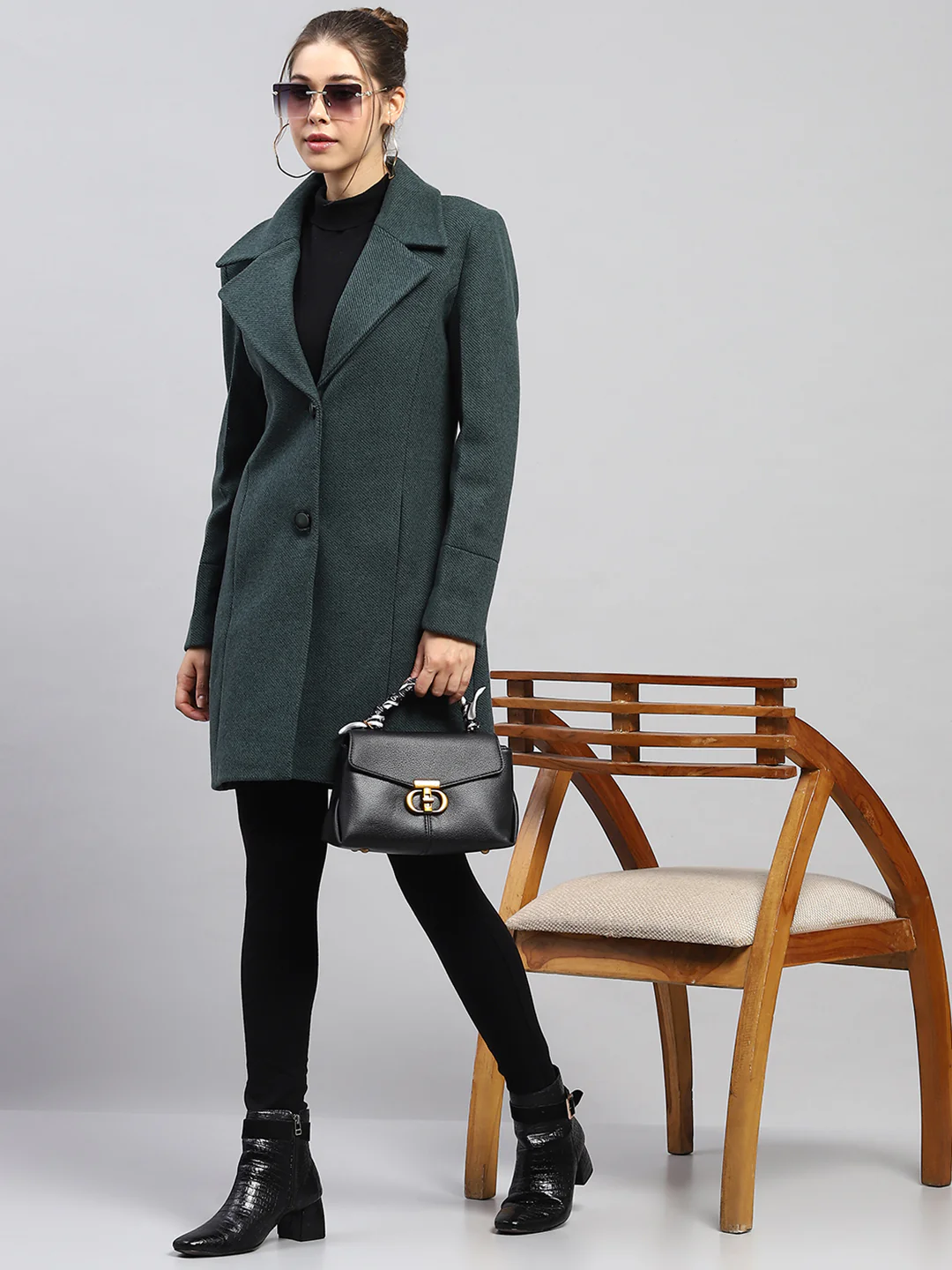 Women Green Self Design Notch lapel Collar Full Sleeve Coat - Image 2