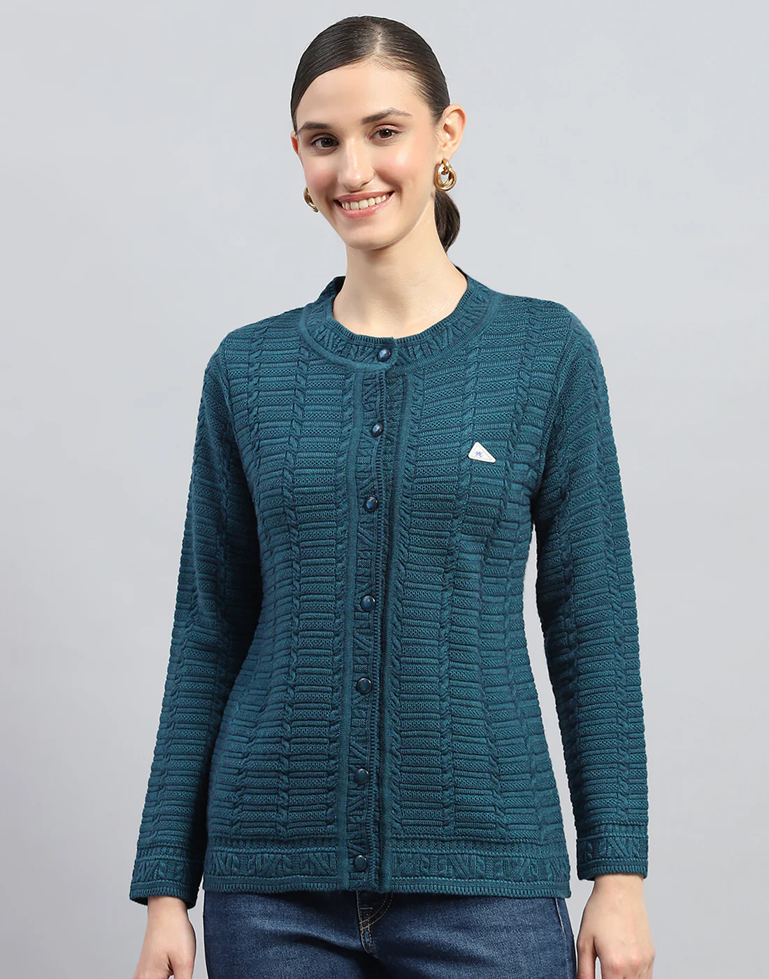 Women Green Self Design Round Neck Full Sleeve Cardigan - Image 2
