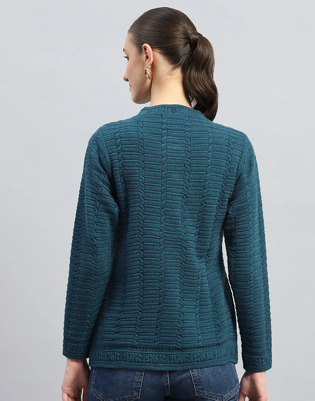 Women Green Self Design Round Neck Full Sleeve Cardigan - Image 5