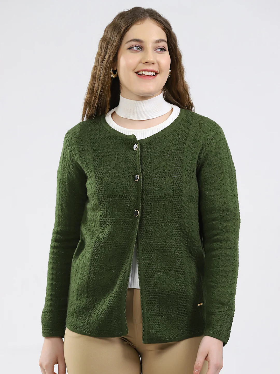 Women Green Self Design Round Neck Full Sleeve Cardigan