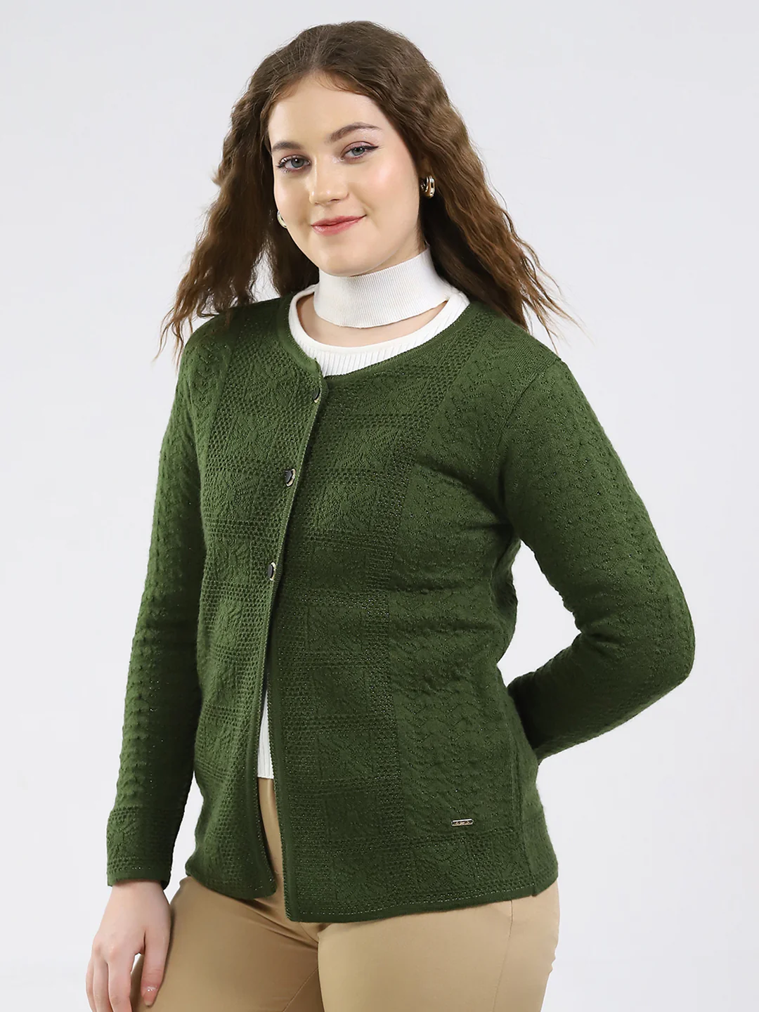 Women Green Self Design Round Neck Full Sleeve Cardigan - Image 3