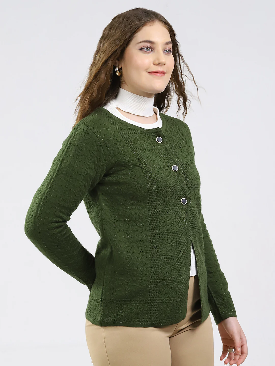 Women Green Self Design Round Neck Full Sleeve Cardigan - Image 4