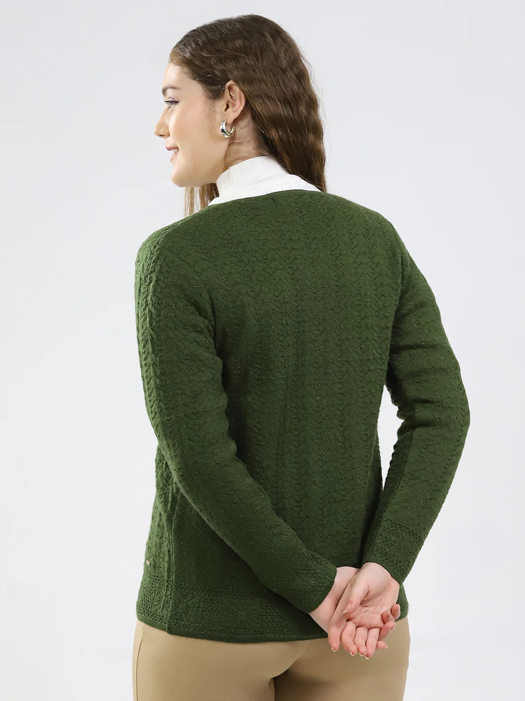 Women Green Self Design Round Neck Full Sleeve Cardigan - Image 5