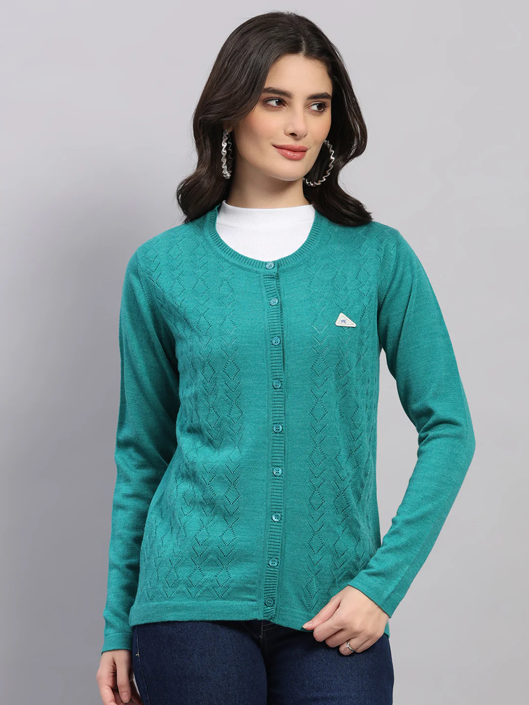 Women Green Self Design Round Neck Full Sleeve Cardigan