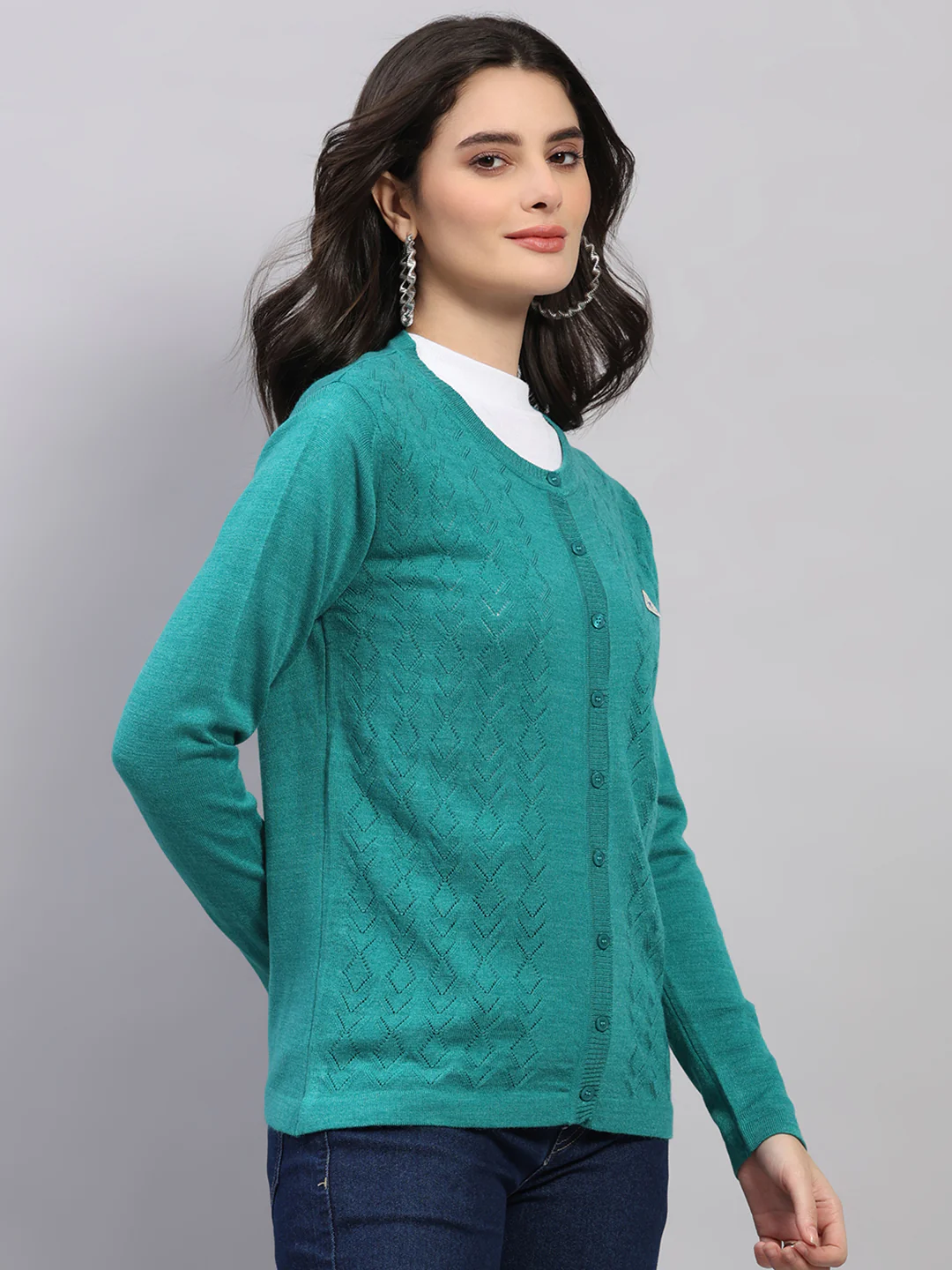 Women Green Self Design Round Neck Full Sleeve Cardigan - Image 4