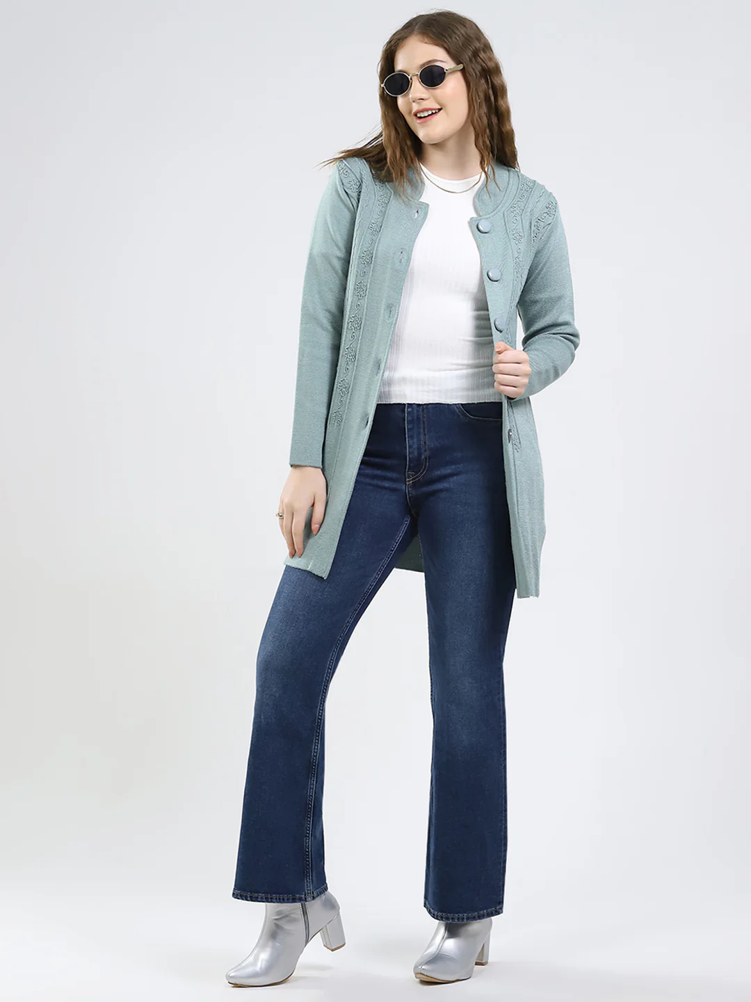 Women Green Self Design Round Neck Full Sleeve Knitted Coat - Image 2