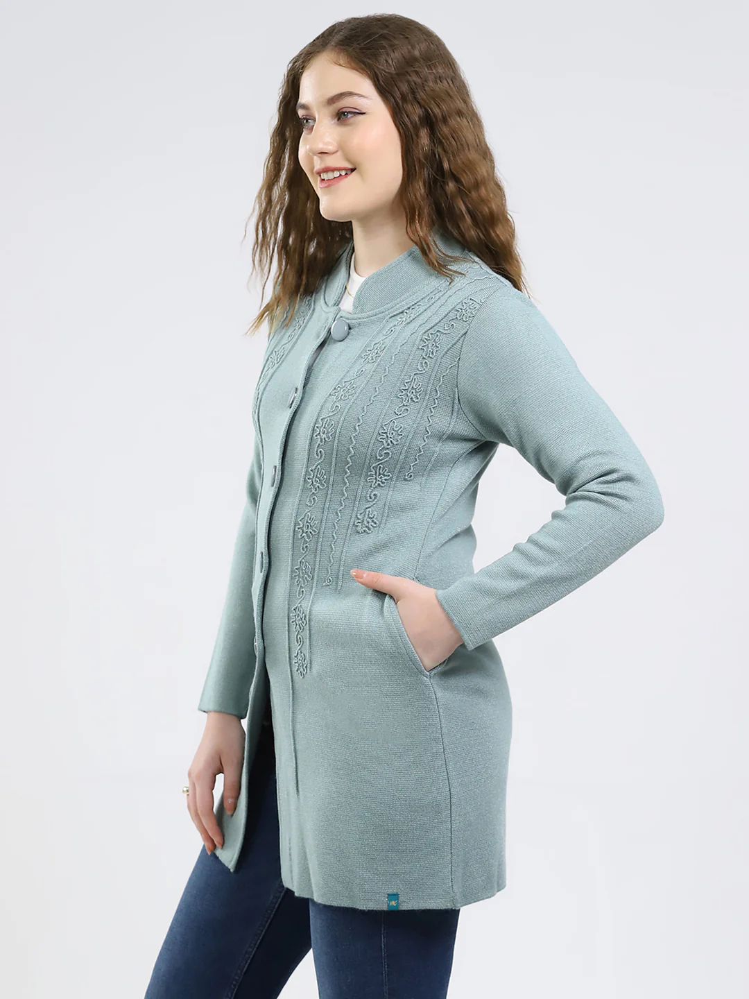 Women Green Self Design Round Neck Full Sleeve Knitted Coat - Image 3