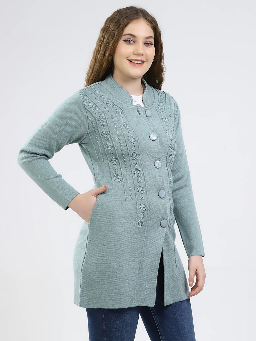 Women Green Self Design Round Neck Full Sleeve Knitted Coat - Image 4