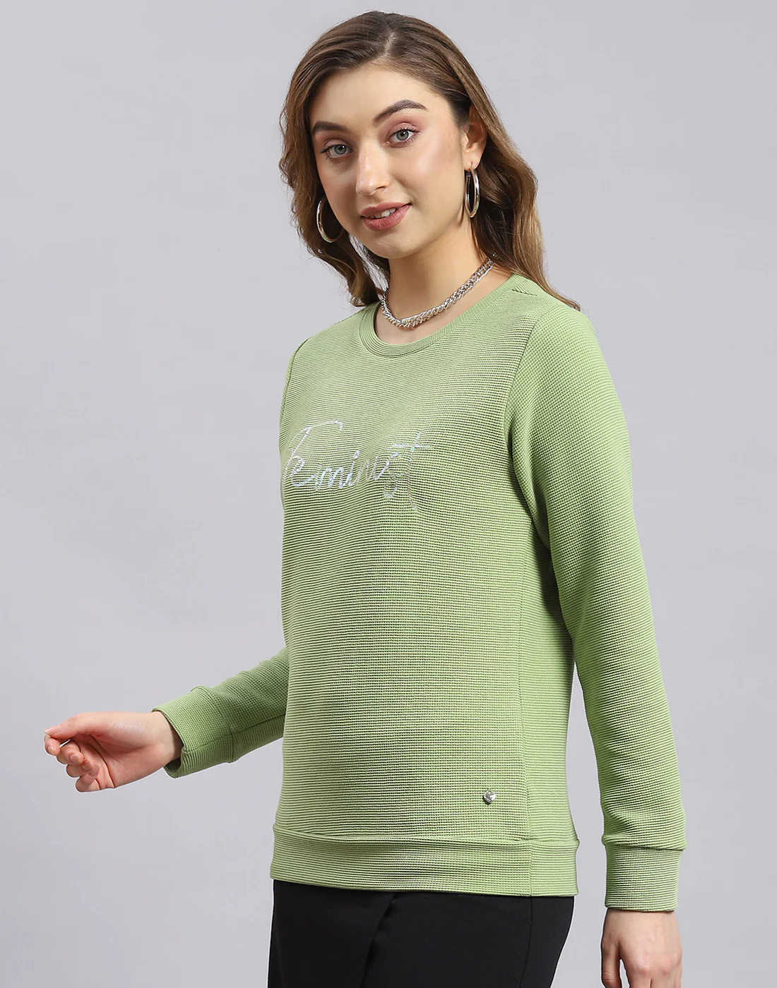 Women Green Self Design Round Neck Full Sleeve Sweatshirt - Image 3