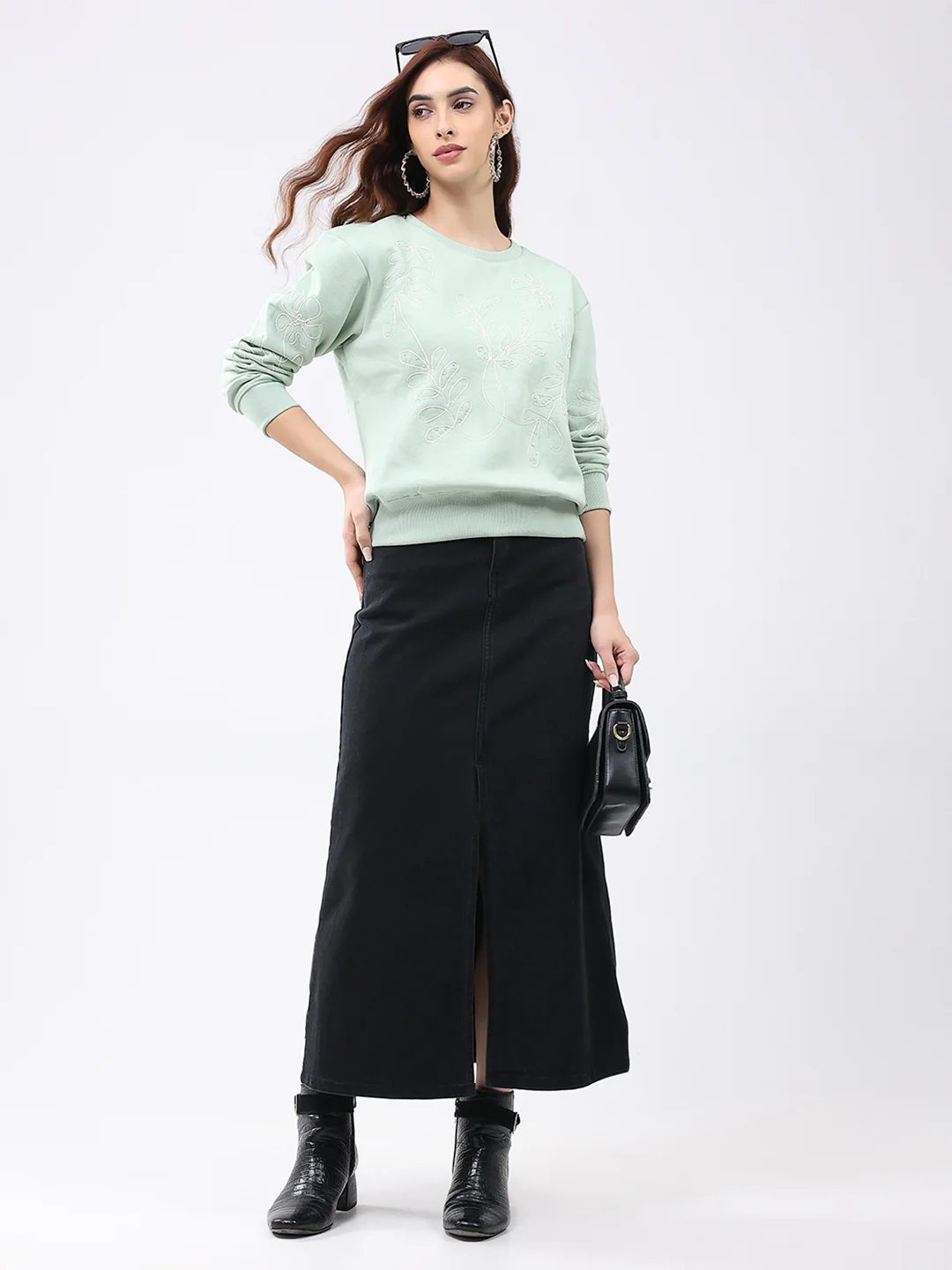 Women Green Self Design Round Neck Full Sleeve Sweatshirt - Image 2