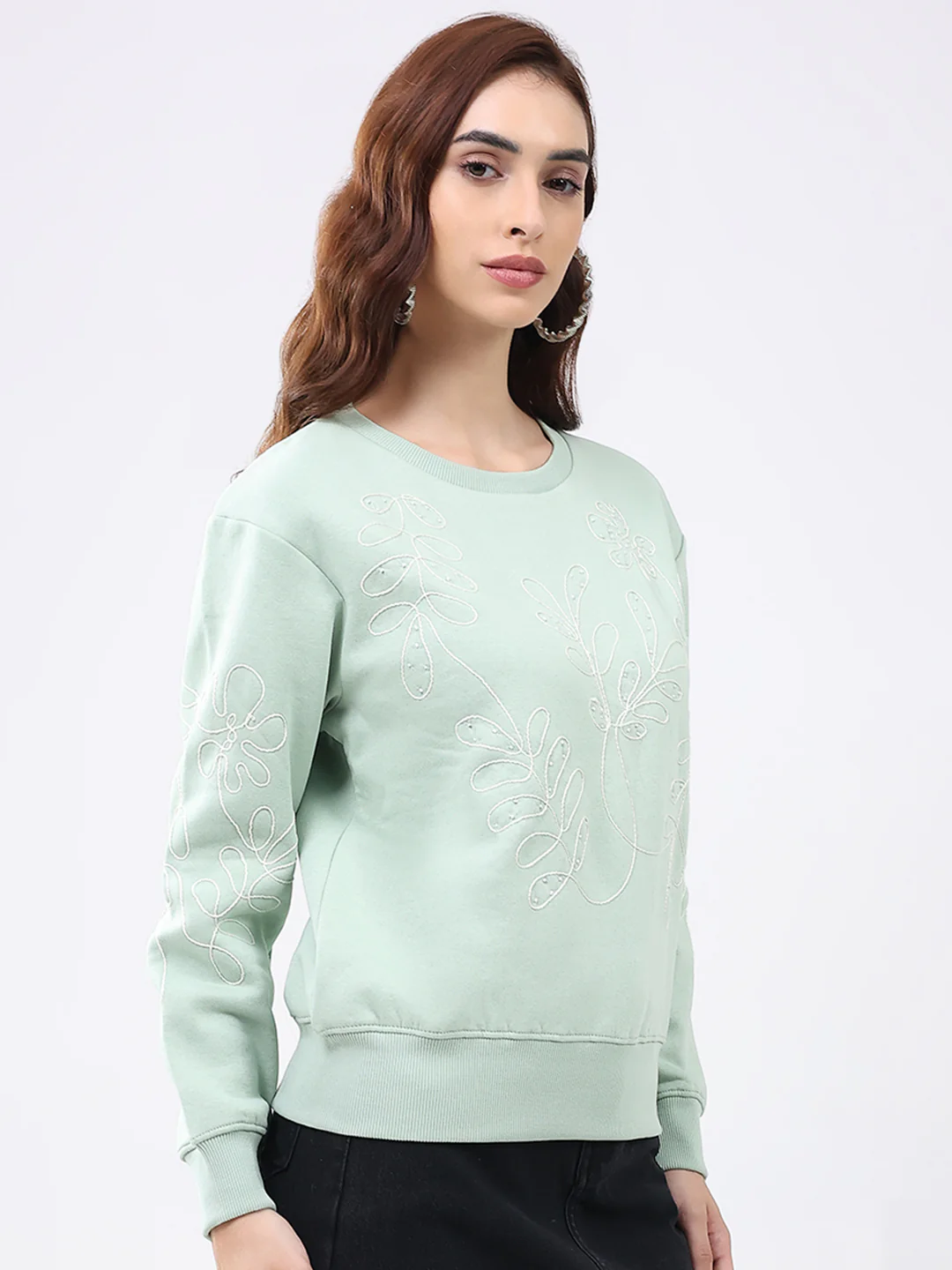 Women Green Self Design Round Neck Full Sleeve Sweatshirt - Image 4