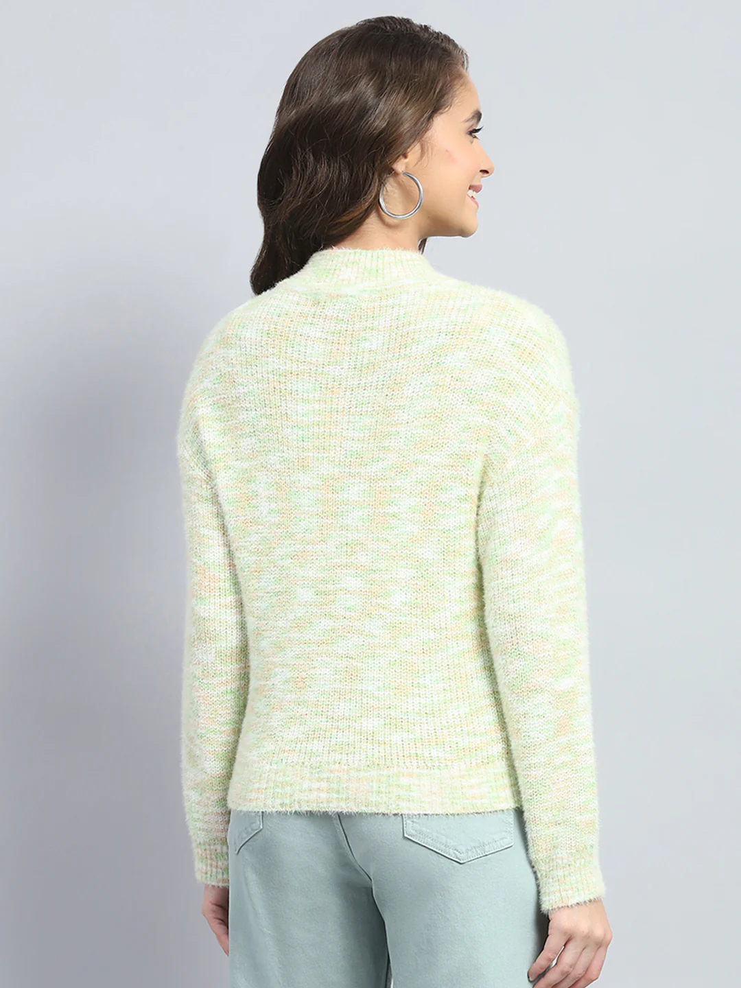 Women Green Self Design Round Neck Full Sleeve Winter Top - Image 5
