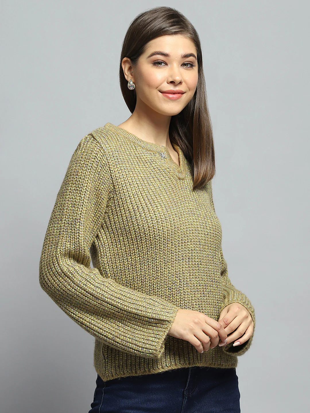 Women Green Self Design Round Neck Full Sleeve Winter Tops - Image 4