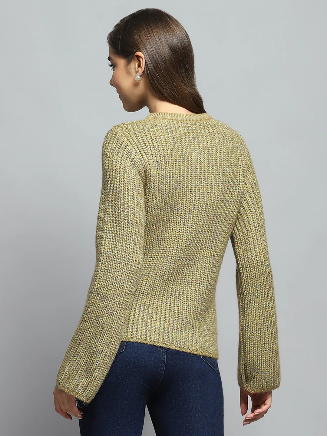Women Green Self Design Round Neck Full Sleeve Winter Tops - Image 5