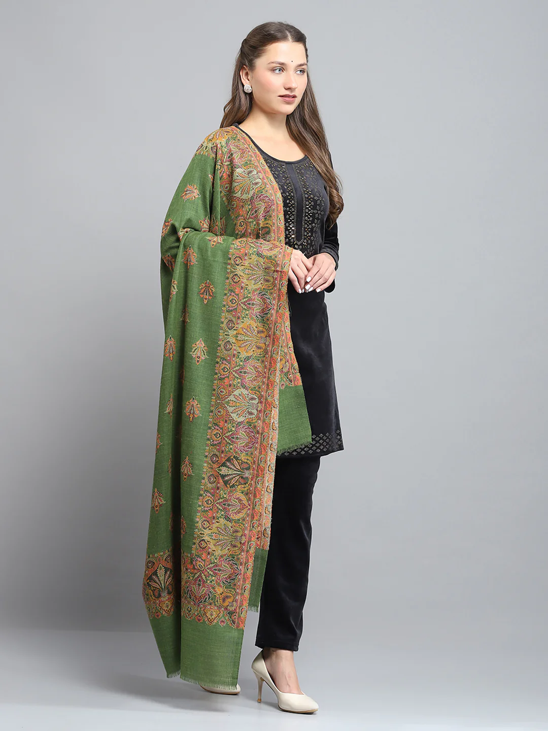 Women Green Self Design Shawl - Image 4